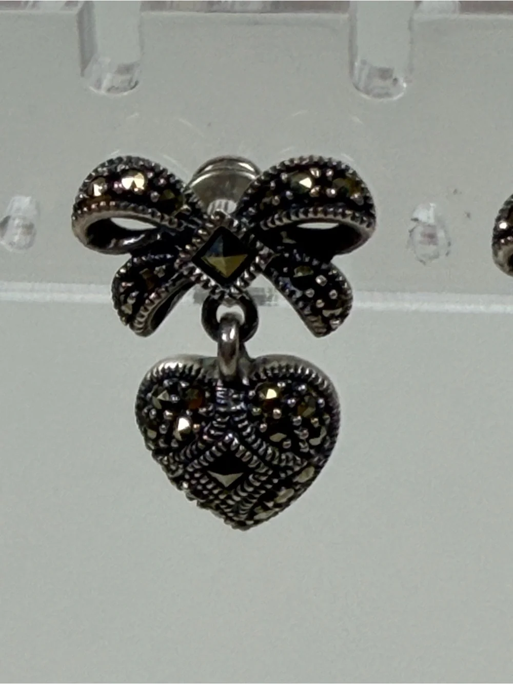 Vintage Sterling Silver Heart With Bow Marcasite Earrings‎
